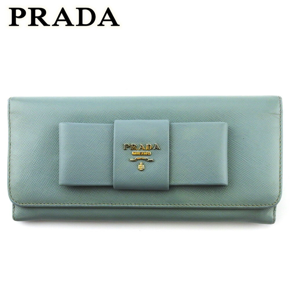 【スプリングセール30％OFF】プラダ 長財布 ファスナー付き 財布 レディース リボン ブルー ゴールド サフィアーノレザー PRADA 【プラダ】 d2276s 【中古】