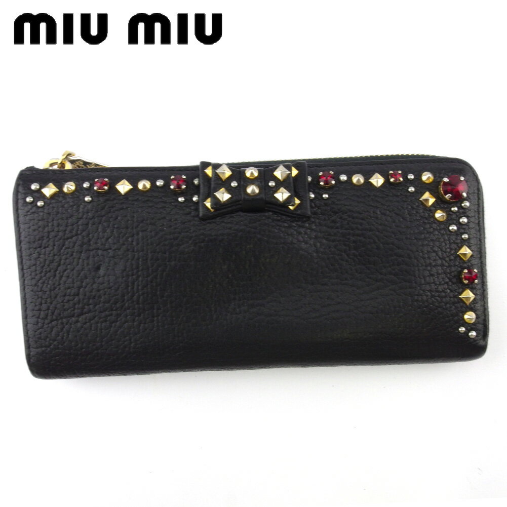 【4000円オフクーポン】 【中古】 ミュウミュウ miu miu 長財布 L字ファスナー 財布 リボン レディース スタッズ＆ストーン付き t19258_b