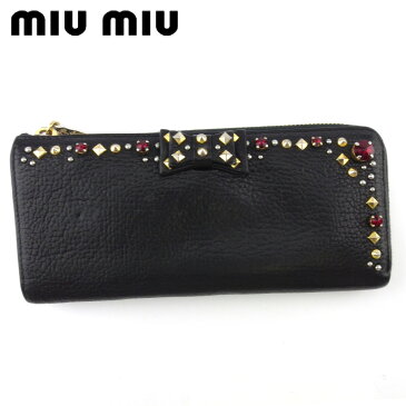 【4000円オフクーポン】 【中古】 ミュウミュウ miu miu 長財布 L字ファスナー 財布 リボン レディース スタッズ&ストーン付き t19258_b