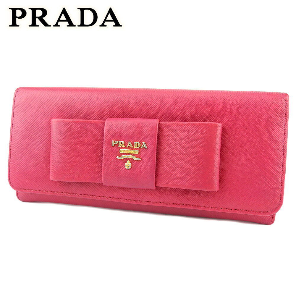 【スプリングセール30％OFF】プラダ 長財布 ファスナー付き 財布 レディース リボン ピンク ゴールド サフィアーノレザー PRADA L3501 【中古】