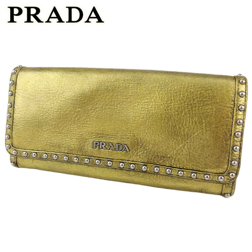 【スプリングセール30％OFF】プラダ 長財布 ファスナー付き 財布 レディース スタッズ ゴールド シルバー レザー PRADA l3515s 【中古】