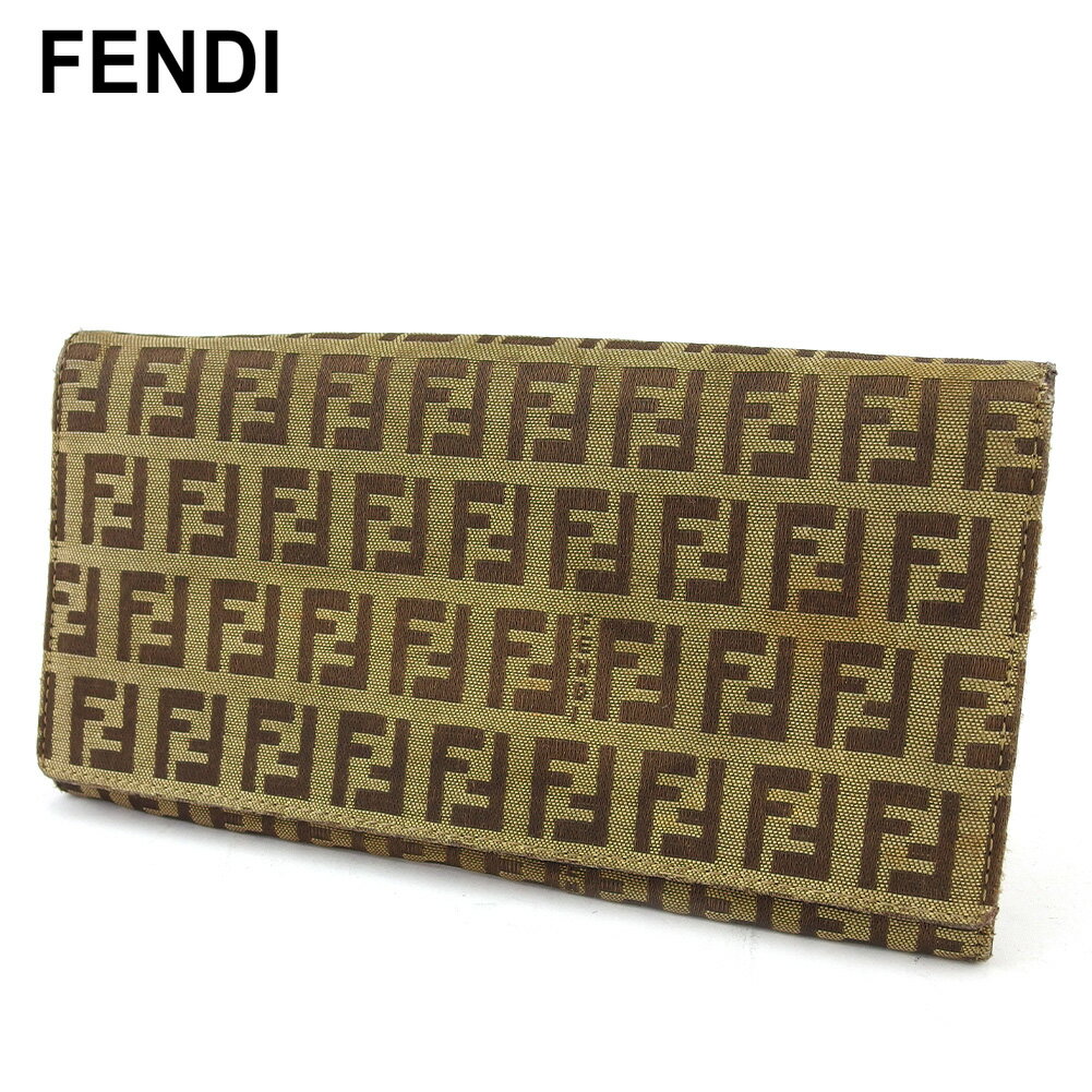 【スプリングセール】フェンディ 長財布 ファスナー付き 財布 レディース メンズ ズッキーノ ベージュ ブラウン キャンバス×レザー FENDI T19608 【中古】