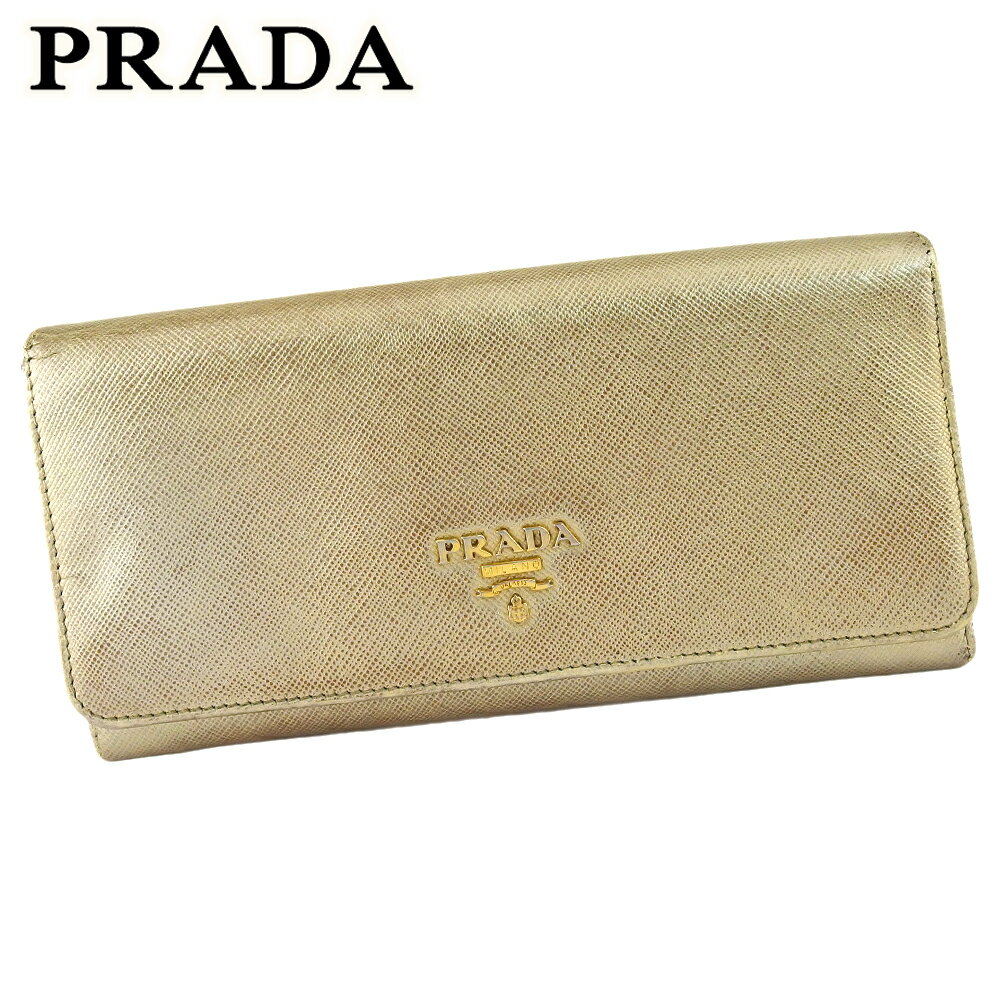 【スプリングセール30％OFF】プラダ 長財布 ファスナー付き 財布 レディース ロゴ ゴールド サフィアーノレザー PRADA G1607 【中古】