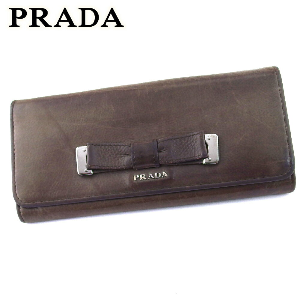 【スプリングセール30％OFF】プラダ 長財布 ファスナー付き 財布 レディース リボン グレー 灰色 シルバー レザー PRADA h811s 【中古】