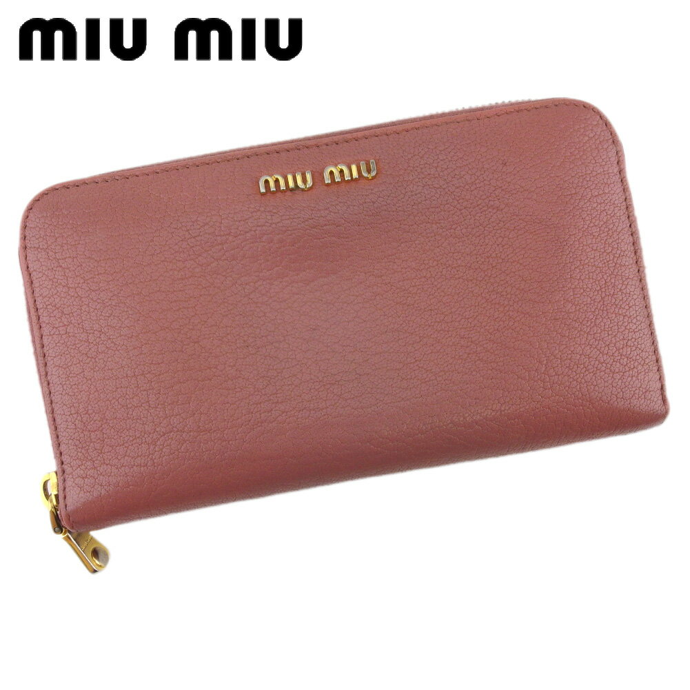 【スプリングセール30％OFF】ミュウミュウ 長財布 ファスナー付き 財布 レディース ロゴ ピンク ゴールド レザー miu miu t19859s 【中古】