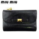 【スプリングセール】ミュウミュウ L字ファスナー 財布 三つ折り レディース リボン ブラック ゴールド レザー miu miu T20042 【中古】