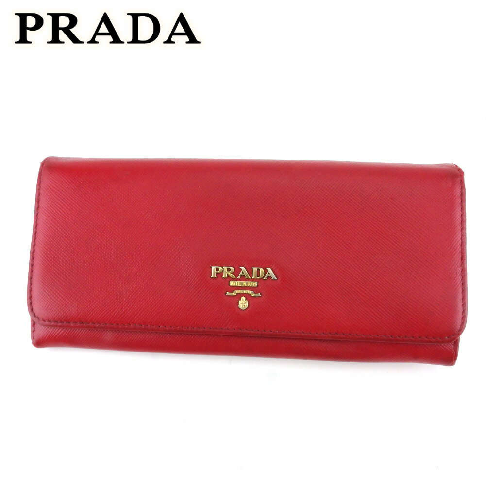 【スプリングセール30％OFF】プラダ 長財布 ファスナー付き 財布 レディース ロゴ レッド ゴールド サフィアーノレザー PRADA T20312 【中古】