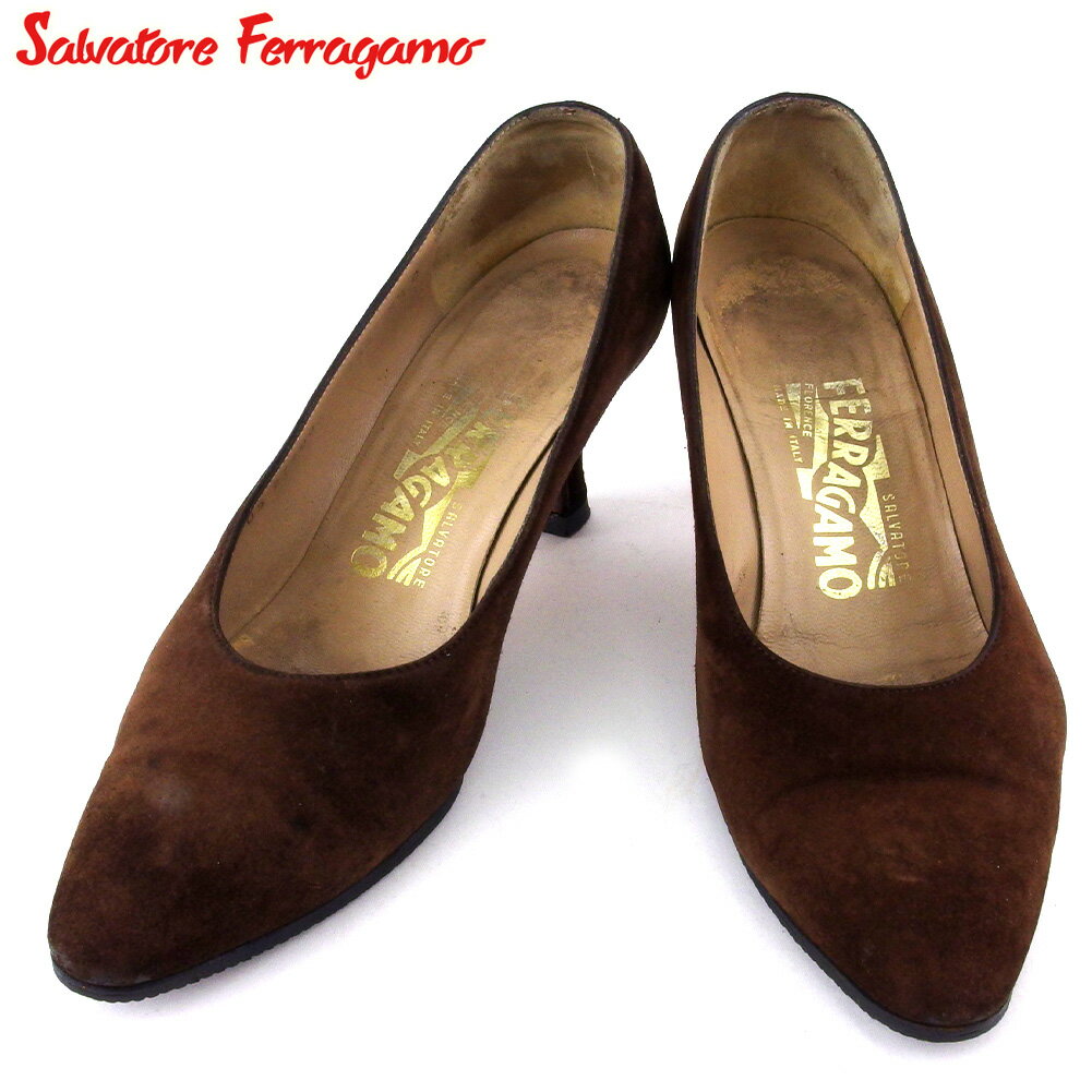  サルヴァトーレ フェラガモ パンプス シューズ 靴 レディース ♯5ハーフC アーモンドトゥ ブラウン ヌバック Salvatore Ferragamo T20331