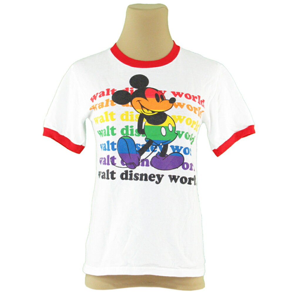 【スプリングセール】【中古】 ディズニー Tシャツ 半袖 カットソー レディース ♯Sサイズ レインボー ミッキープリント ホワイト レッド系 コットン 綿 Disney T23382