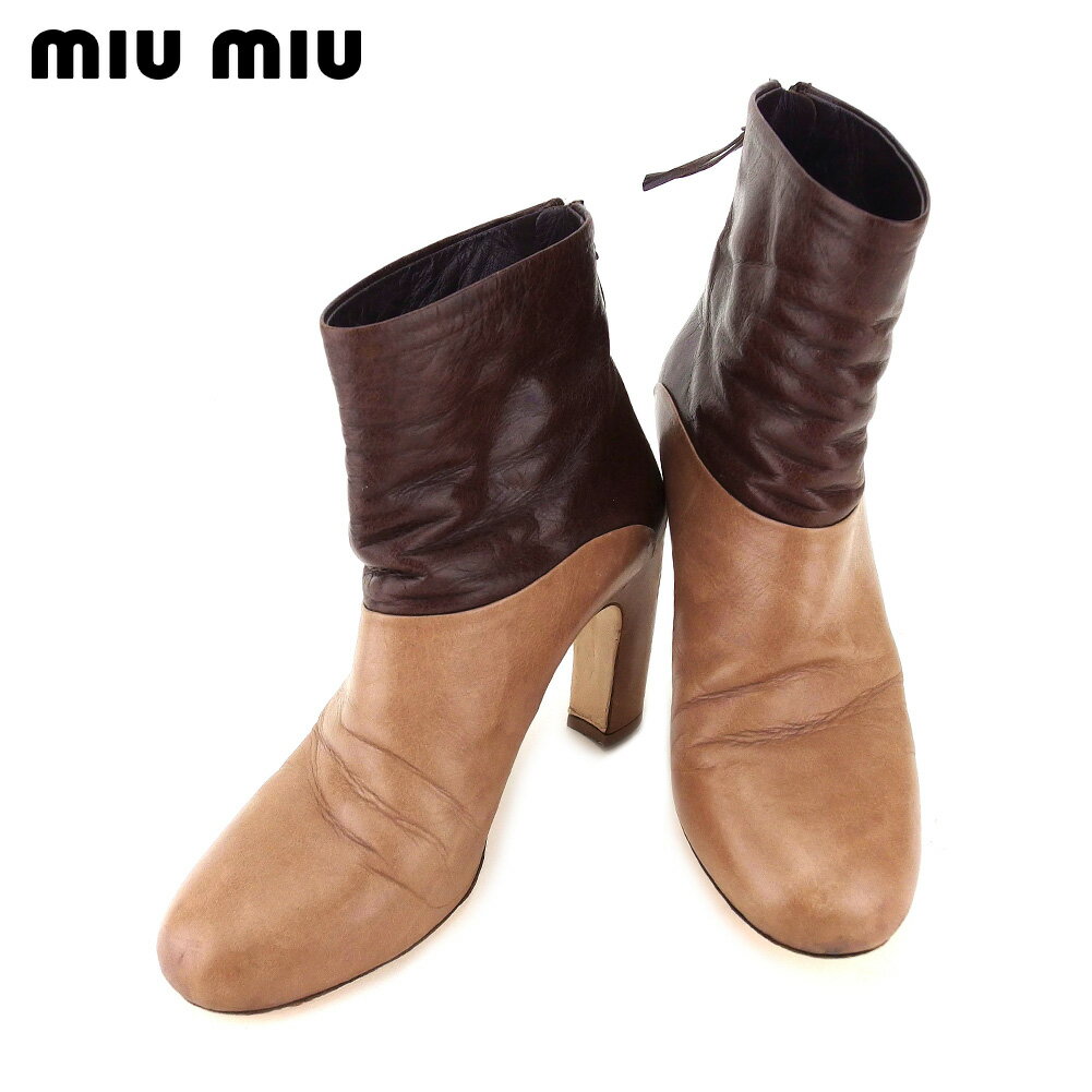 【スプリングセール30％OFF】ミュウミュウ miu miu ブーツ シューズ 靴 レディース ♯38ハーフ ブラウン レザー 【ミュウミュウ】 T9722 【中古】