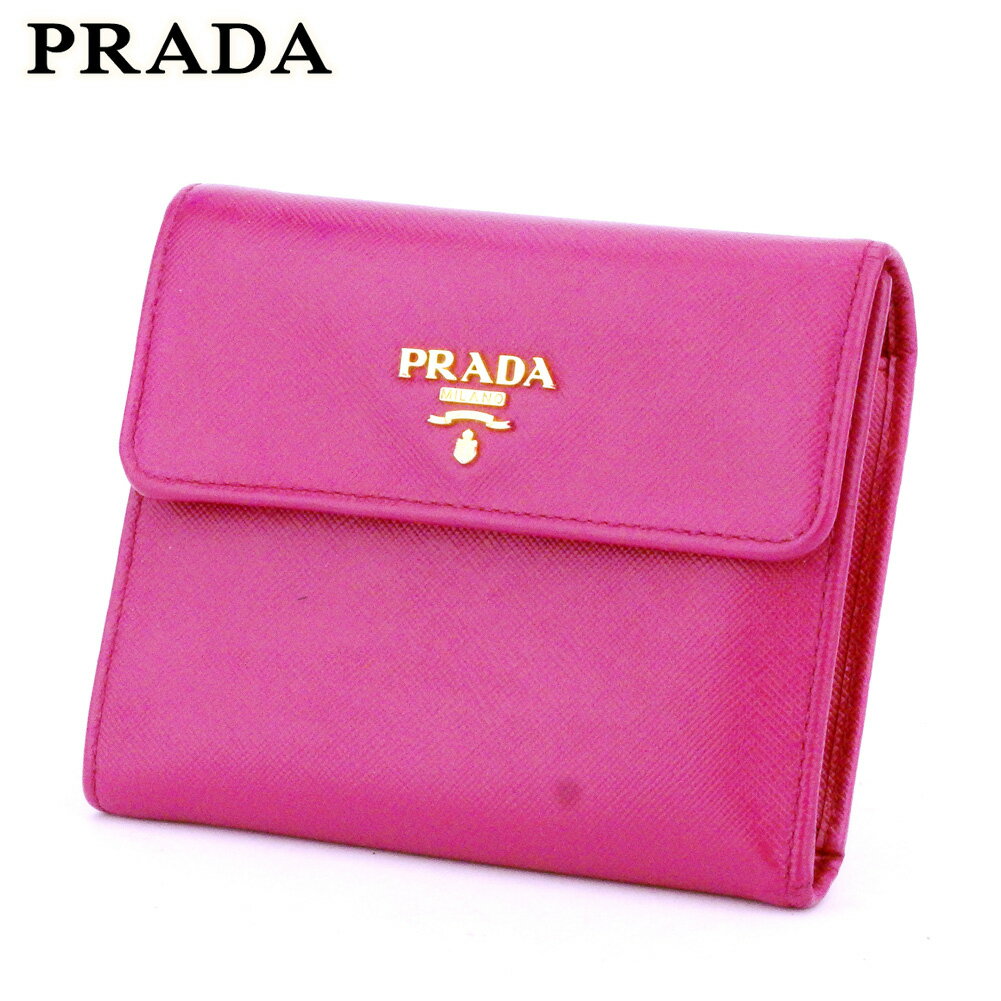 【スプリングセール30％OFF】プラダ 三つ折り 財布 ロゴ ピンク ゴールド サフィアーノレザー PRADA 【プラダ】 t9920s 【中古】