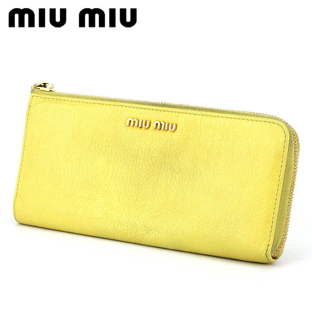 【スプリングセール30％OFF】ミュウミュウ 長財布 L字ファスナー 財布 レディース ロゴ イエロー ゴールド レザー miu miu 長サイフ サイフ 収納 ユニセックス 小物 【ミュウミュウ】 T10049 【中古】