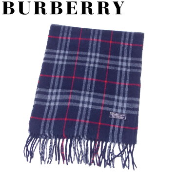 【中古】 バーバリー マフラー フリンジ付き チェック ネイビー ブルー レッド ウール 毛 BURBERRY 【バーバリー】 g1474s