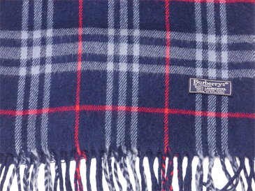 【中古】 バーバリー マフラー フリンジ付き チェック ネイビー ブルー レッド ウール 毛 BURBERRY 【バーバリー】 g1474s