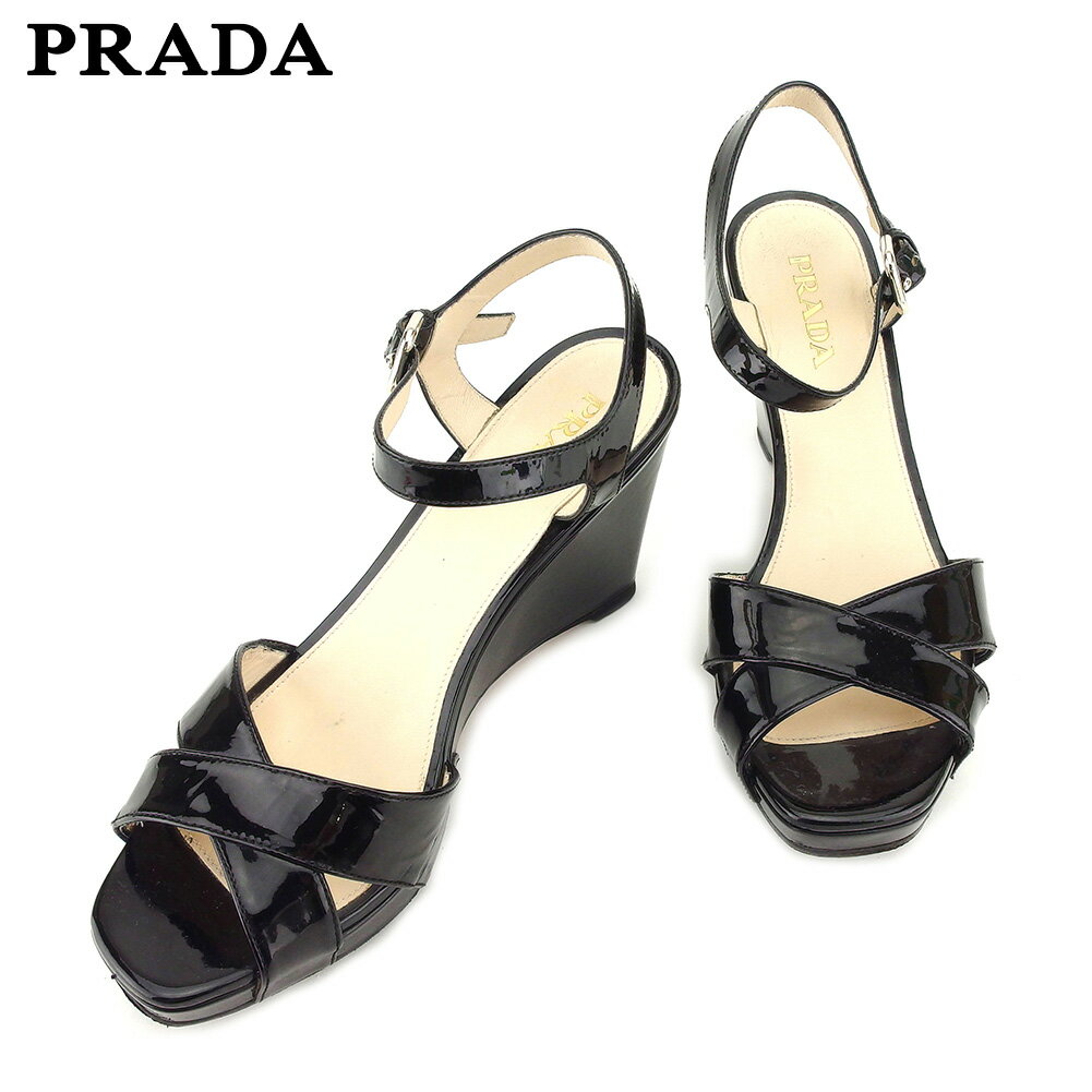 【スプリングセール30％OFF】プラダ PRADA サンダル シューズ 靴 レディース ♯37ハーフ ウェッジソール ブラック シルバー エナメルレザー 【プラダ】 L2812 【中古】