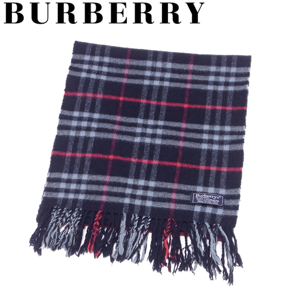 【4000円オフクーポン】 【中古】 バーバリー BURBERRY マフラー フリンジ付き レディース メンズ ネイビー ブルー レッド カシミア 【バーバリー】 L2909