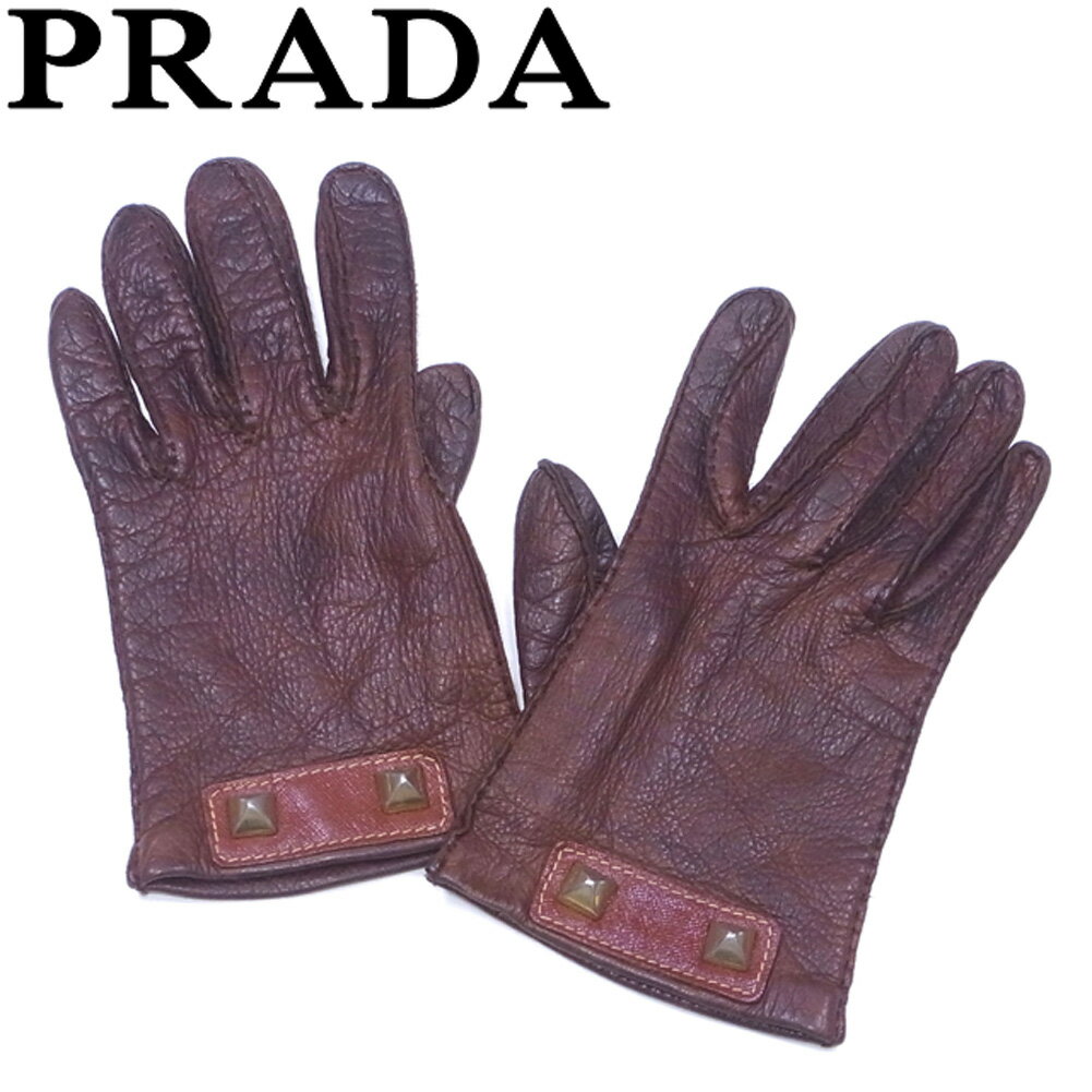 【中古】プラダ PRADA 手袋 グローブ レディース ブラウン ゴールド レザー  P884 