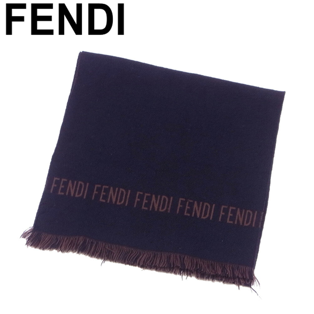 【スプリングセール30％OFF】フェンディ FENDI マフラー フリンジ付き レディース メンズ バイカラー ブラック ブラウン ウール 毛 【フェンディ】 T10447 【中古】