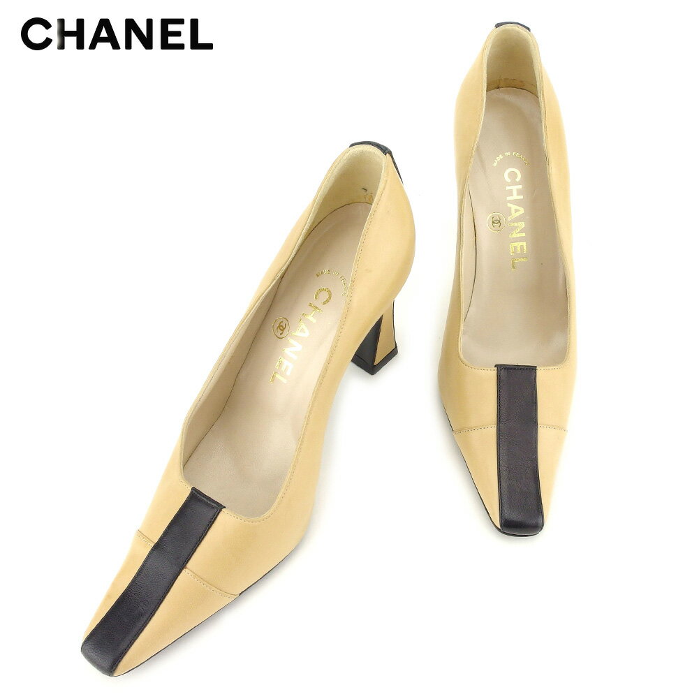 【スプリングセール30％OFF】シャネル CHANEL パンプス シューズ 靴 レディース ♯36C スクエアトゥ ベージュ ブラック レザー 【シャネル】 T9669 【中古】