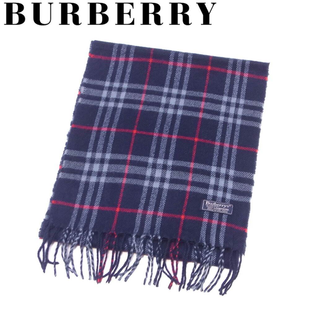 【スプリングセール30％OFF】バーバリー マフラー フリンジ付き チェック ネイビー ブルー レッド ウール 毛 BURBERRY 【バーバリー】 t9966s 【中古】