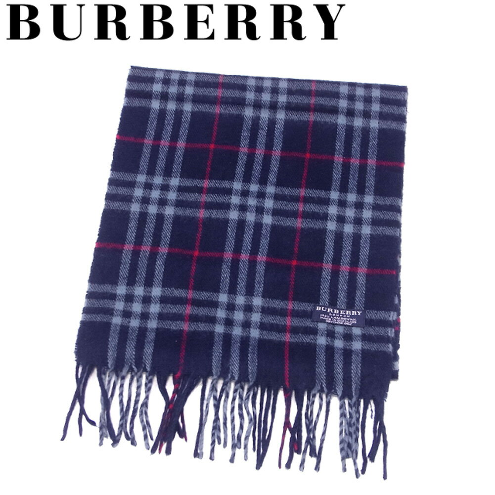 【楽天スーパーSALE】 【30％オフ】 【中古】 バーバリー BURBERRY マフラー フリンジ付き レディース メンズ ネイビー ブルー レッド ウール 毛 【バーバリー】 T9968