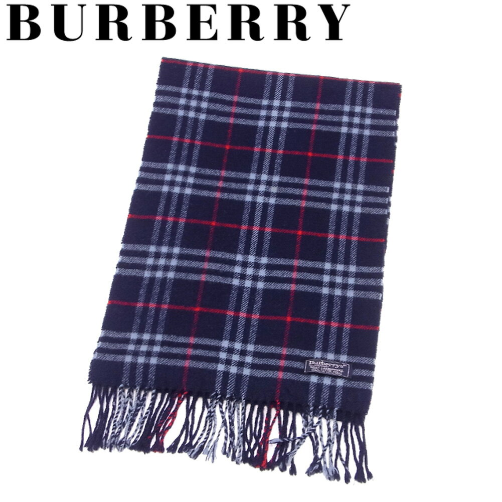 【スプリングセール30％OFF】バーバリー BURBERRY マフラー フリンジ付き レディース メンズ ネイビー ブルー レッド ウール 毛 【バーバリー】 T9979 【中古】