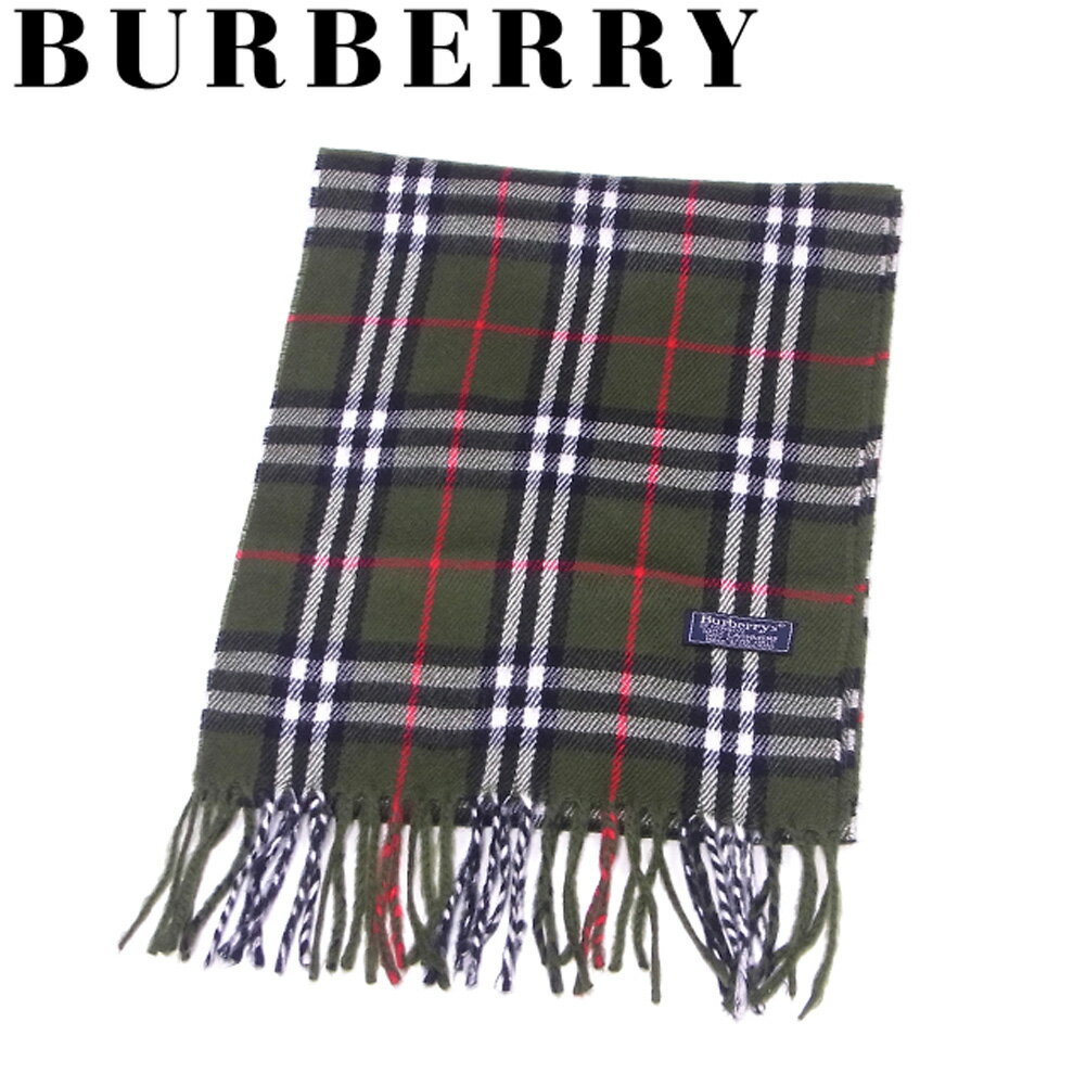 【中古】 バーバリー BURBERRY マフラー フリンジ付き レディース メンズ グリーン ブラック レッド系 カシミア 【バーバリー】 T9981