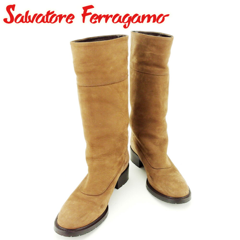 【楽天スーパーSALE】サルヴァトーレ フェラガモ Salvatore Ferragamo ブーツ シューズ 靴 レディース ♯7C ガンチーニベルト ブラウン ゴールド ヌバック レザー 【フェラガモ】 T7704 【中古】