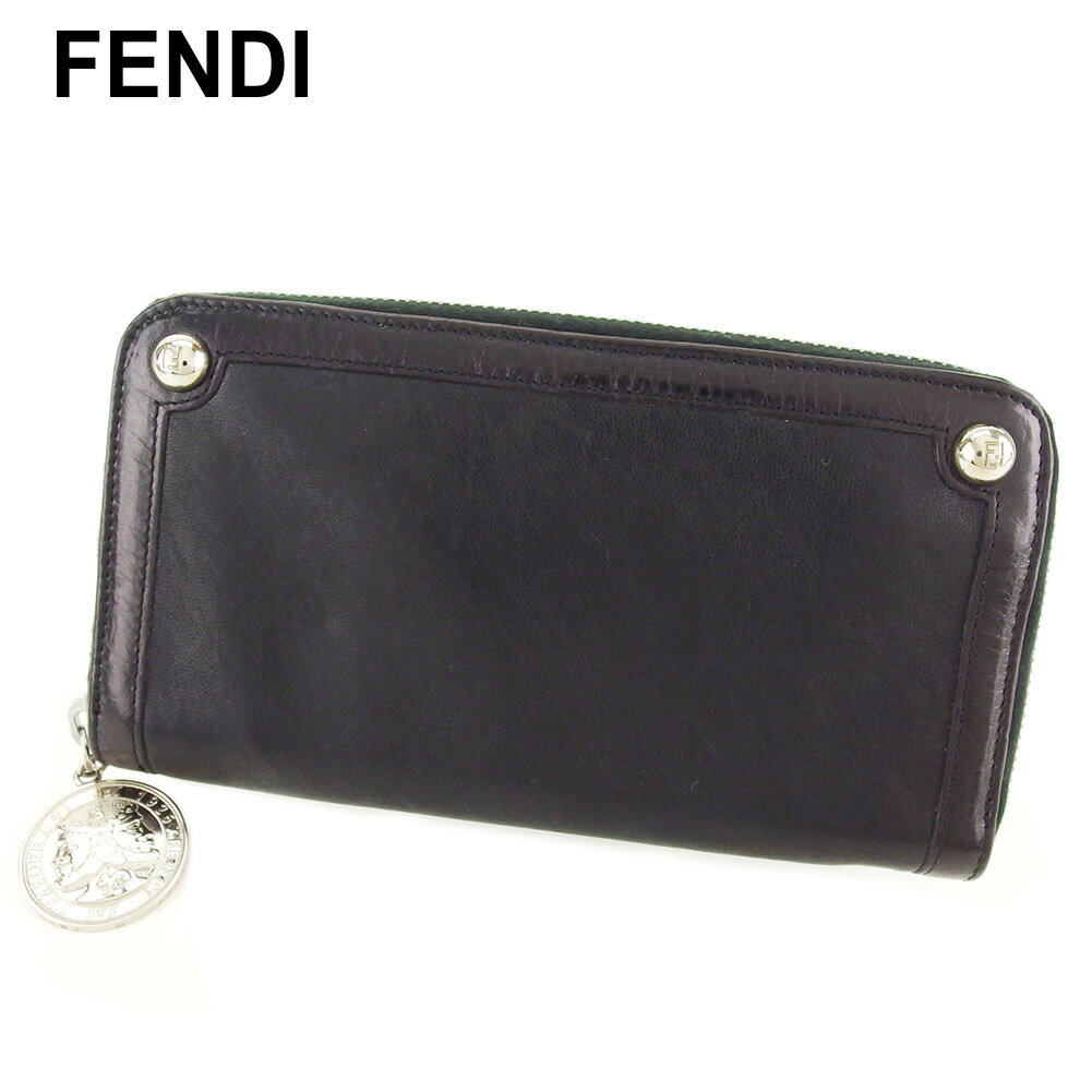 【スプリングセール30％OFF】フェンディ 長財布 ラウンドファスナー 財布 コインモチーフ ブラック シルバー レザー FENDI 長サイフ サイフ 収納ブランド財布 ユニセックス 小物 【フェンディ】 T7726 【中古】