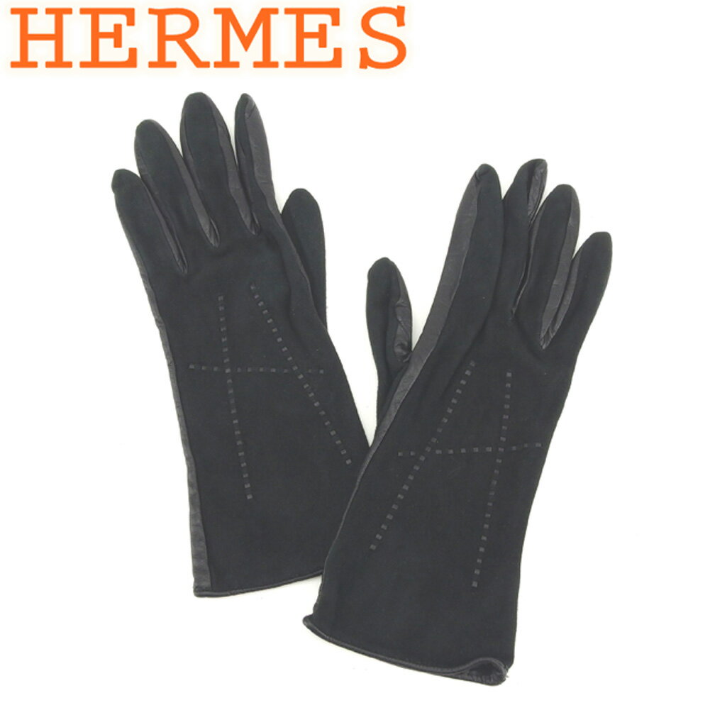 【ブラックフライデー30%OFFクーポン】エルメス 手袋 グローブ Hモチーフ ブラック スエード×レザー HERMES 【エルメス】 t8223s 【中古】 ...