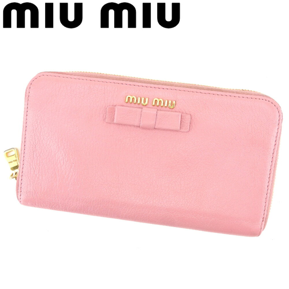 【スプリングセール30％OFF】ミュウミュウ 長財布 ラウンドファスナー リボンモチーフ ピンク レザー miumiu 【ミュウミュウ】 e1366s 【中古】