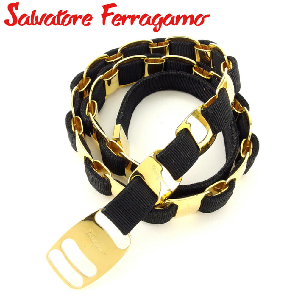 【スプリングセール30％OFF】サルヴァトーレ フェラガモ Salvatore Ferragamo ベルト レディース ブラック ゴールド キャンバス×ゴールド金具 【フェラガモ】 E1377 【中古】