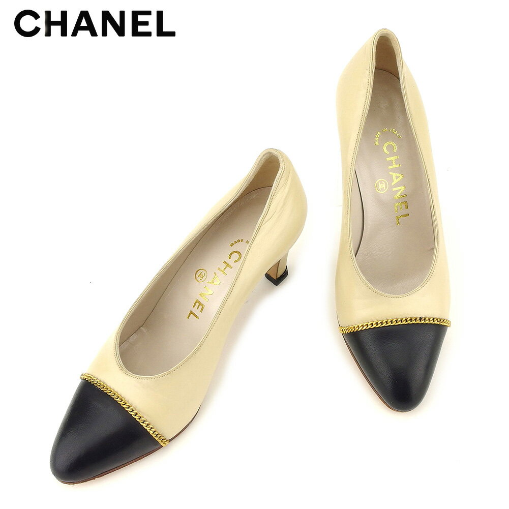 【スプリングセール30％OFF】シャネル CHANEL パンプス シューズ 靴 レディース ♯34ハーフ チェーントゥ ベージュ ブラック ゴールド レザー 【シャネル】 F1410 【中古】