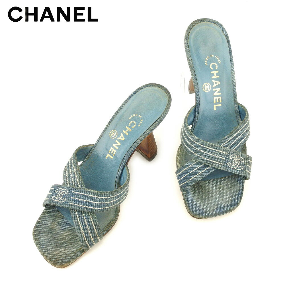 【スプリングセール30％OFF】シャネル CHANEL サンダル シューズ 靴 レディース ♯36ハーフ ココマークステッチ ブルー ブラウン デニムキャンバス×レザー 【シャネル】 T8624 【中古】