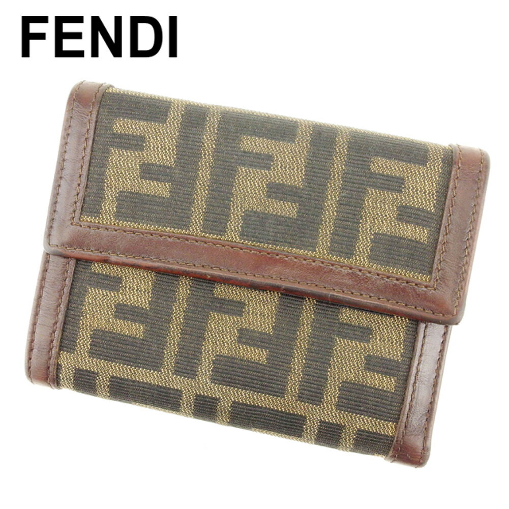 【スプリングセール30％OFF】フェンディ 三つ折り 財布 ズッカ ブラウン ブラック ベージュ キャンバス×レザー FENDI 【フェンディ】 q539s 【中古】