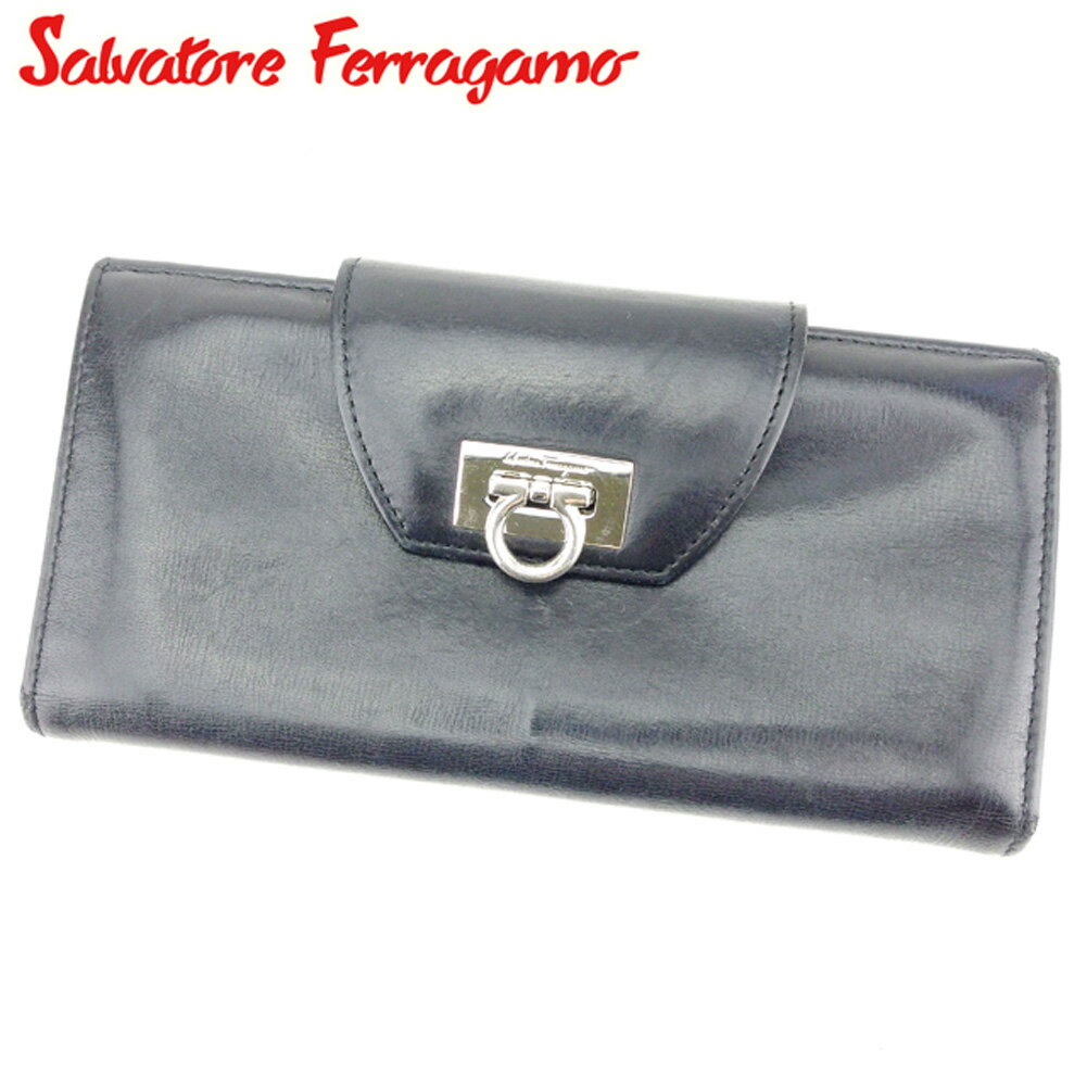 【スプリングセール30％OFF】サルヴァトーレ フェラガモ 長財布 ファスナー付き 長財布 ガンチーニ ブラック レザー Salvatore Ferragamo 【フェラガモ】 h668s 【中古】