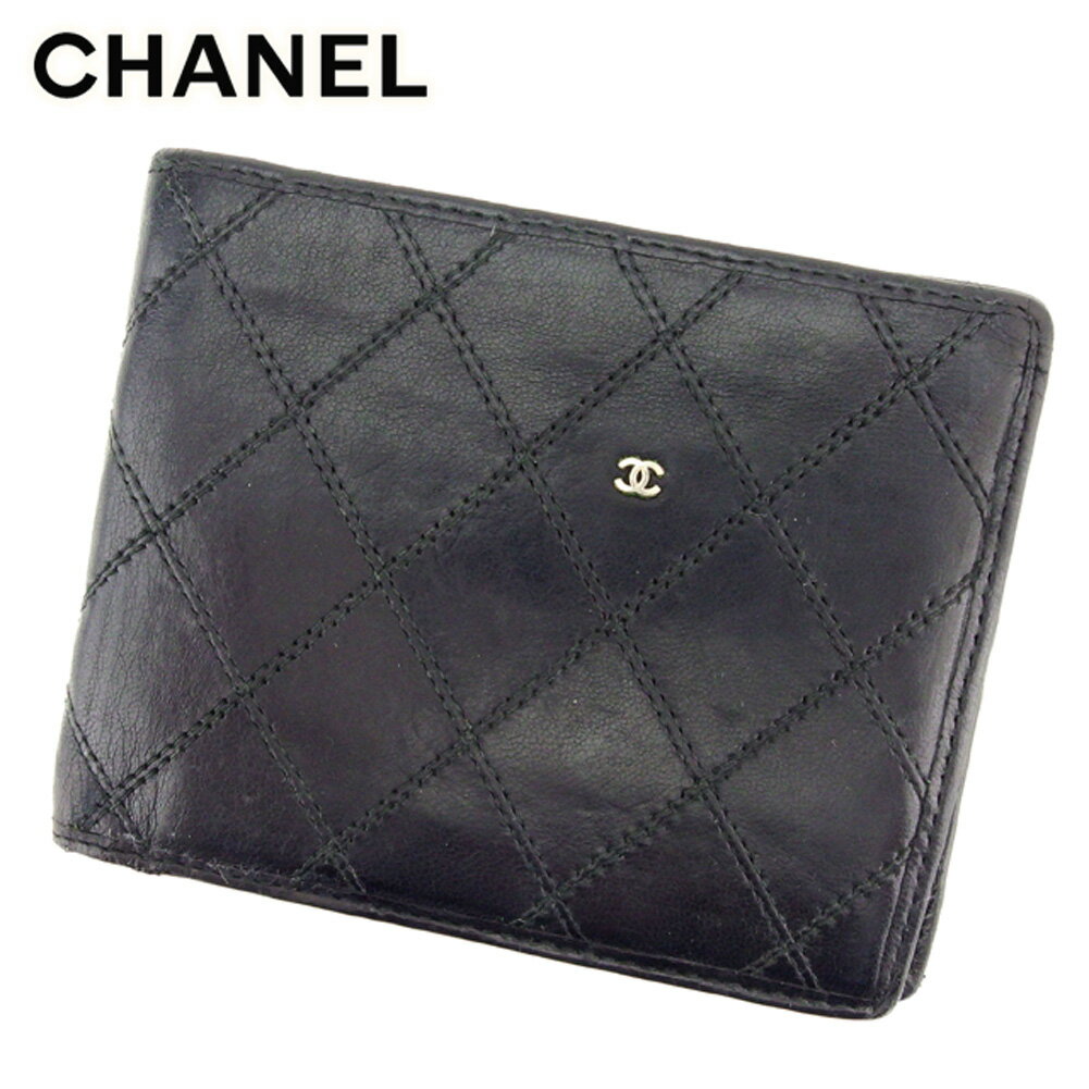 【楽天スーパーSALE】 【30％オフ】 【中古】 シャネル CHANEL 二つ折り 札入れ 二つ折り 財布 レディース メンズ ブラック レザー 【シャネル】 T8953