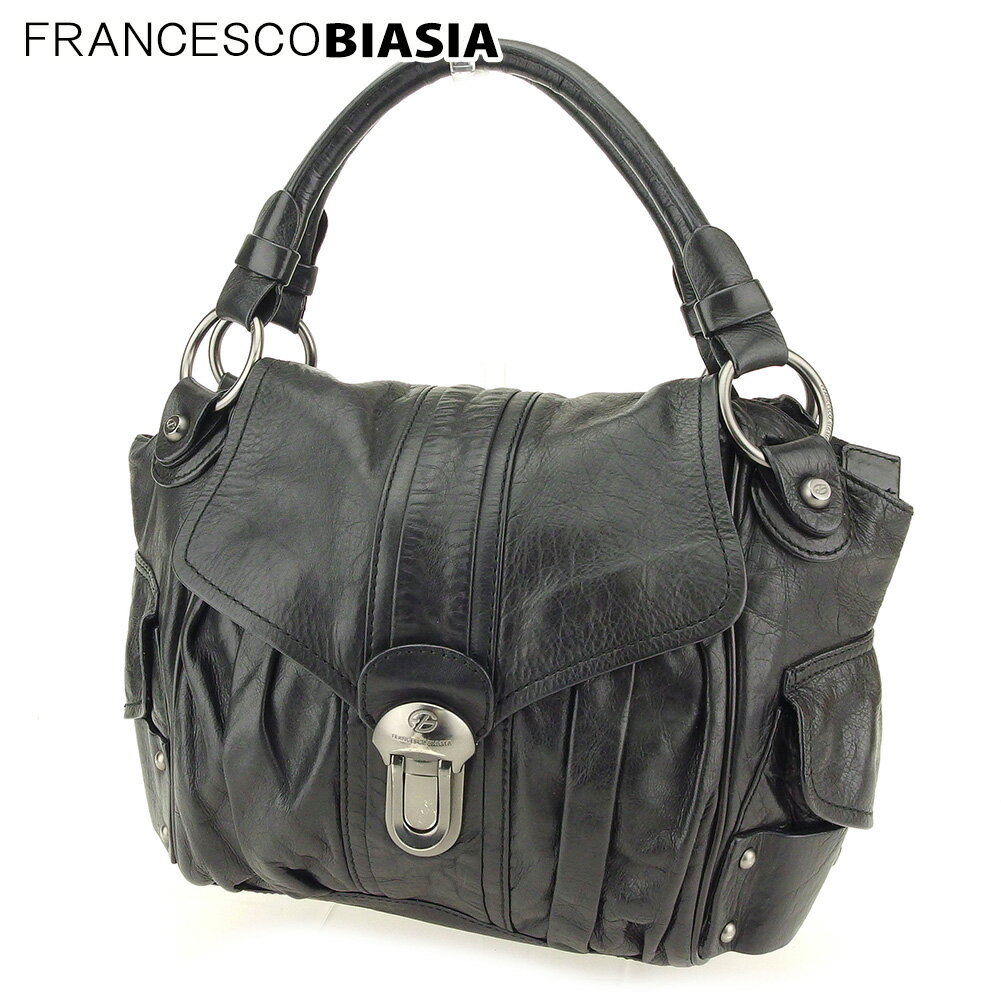 【スプリングセール30％OFF】フランチェスコビアジア ハンドバッグ トート トートバッグ FBボタン ブラック シルバー レザー FRANCESCO BIASIA バック 手持ちバッグ ファッションバッグ 収納 【フランチェスコビアジア】 L2577 【中古】