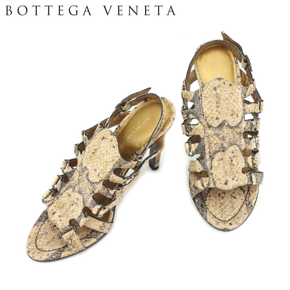 【スプリングセール30％OFF】ボッテガ ヴェネタ BOTTEGA VENETA サンダル シューズ 靴 レディース ♯35 グラディエーター ベージュ ブラック パイソンレザー 【ボッテガ・ヴェネタ】 D2008 【中古】