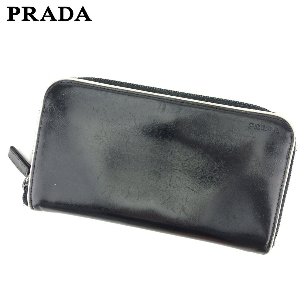 【スプリングセール】プラダ 長財布 ラウンドファスナー 財布 ロゴ ブラック ホワイト 白 カーフレザー PRADA 長サイフ サイフ 収納 ユニセックス 小物 【プラダ】 D2016 【中古】