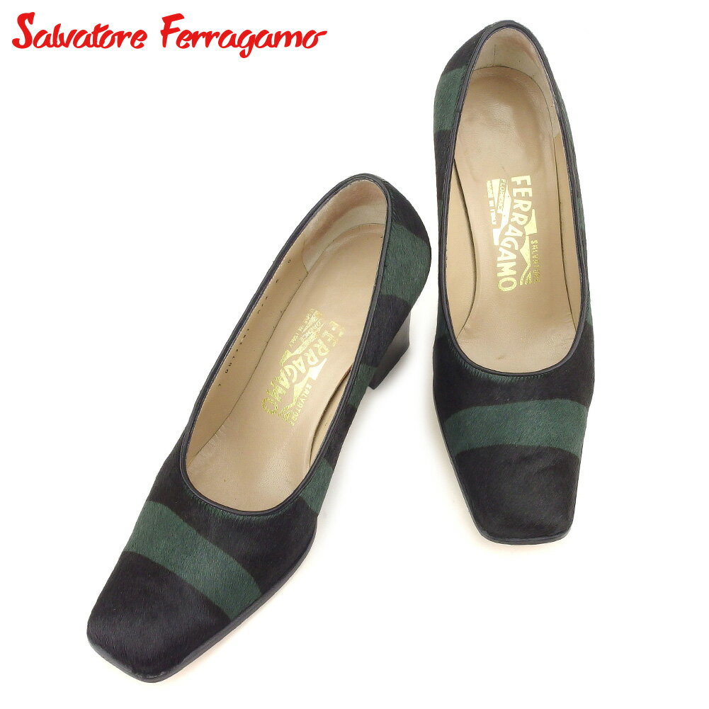 【スプリングセール30％OFF】サルヴァトーレ フェラガモ Salvatore Ferragamo パンプス シューズ 靴 レディース #6 ブラック グリーン ハラコ×レザー 【フェラガモ】 G1375 【中古】