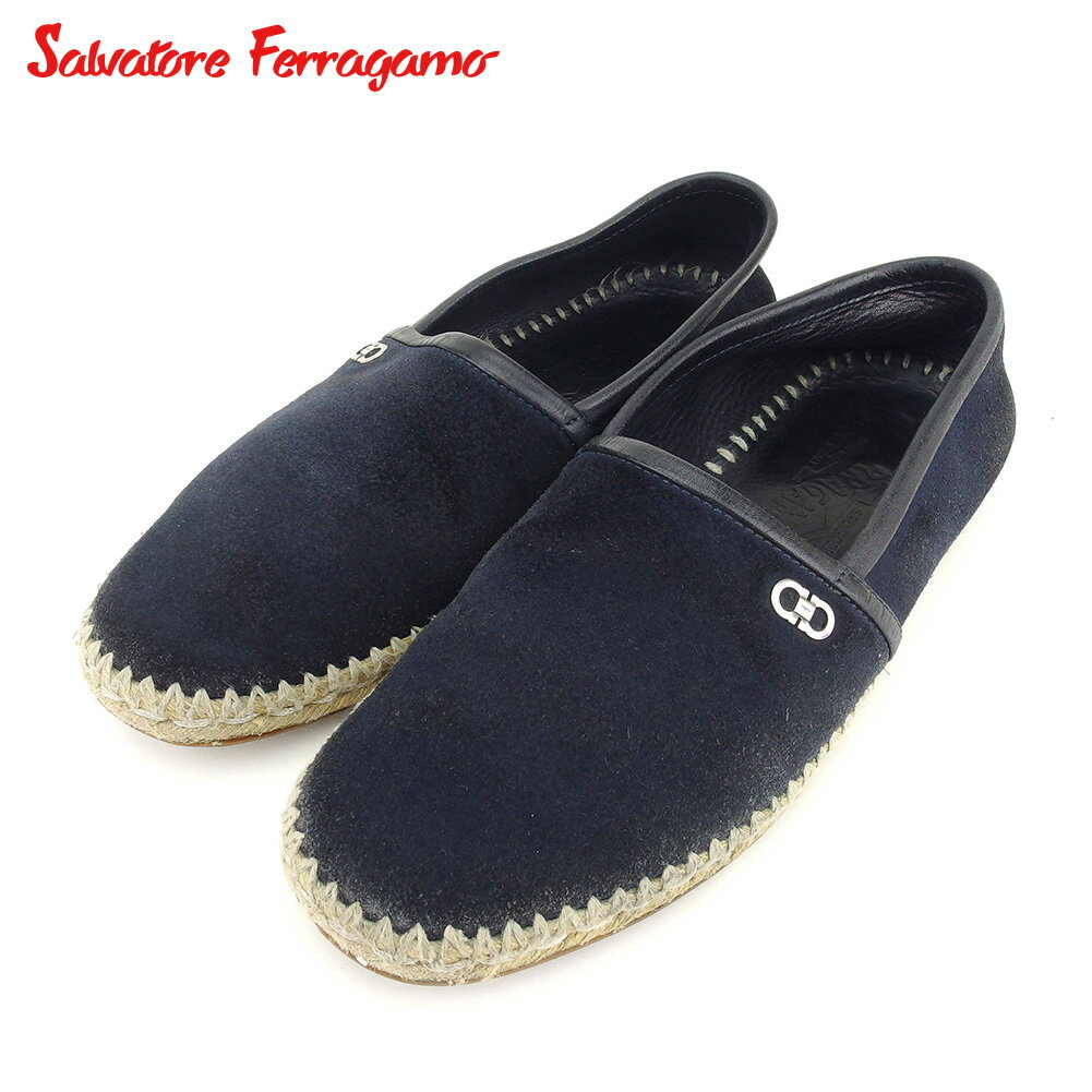 【スプリングセール30％OFF】サルヴァトーレ フェラガモ Salvatore Ferragamo スリッポン シューズ 靴 メンズ ♯7EE ネイビー ブラック シルバー スエード×レザー 【フェラガモ】 T9116 【中古】