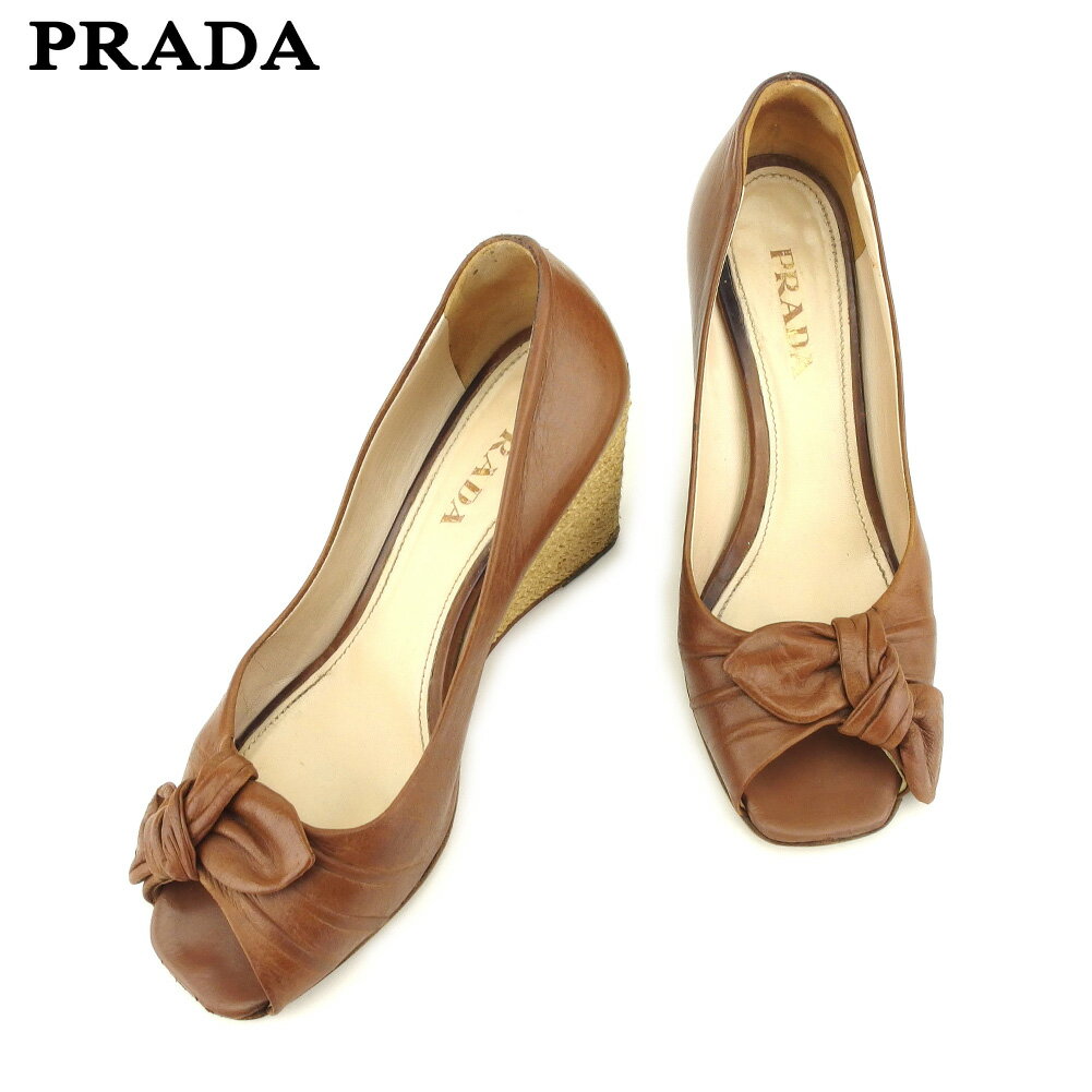 【スプリングセール30％OFF】プラダ サンダル シューズ 靴 ＃36ハーフ リボンモチーフ ブラウン レザー PRADA 【プラダ】 t9235s 【中古】