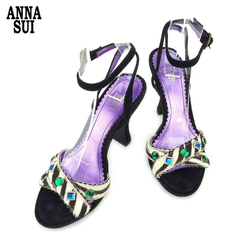 【スプリングセール30％OFF】アナスイ ANNA SUI サンダル シューズ 靴 レディース ♯M ブラック ホワイト 白 スエード×ハラコ 【アナスイ】 T9242 【中古】