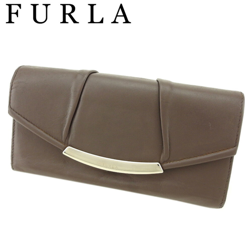 【スプリングセール30％OFF】フルラ 長財布 L字ファスナー 財布 ロゴプレート ブラウン シルバー レザー FURLA 長サイフ サイフ 収納 ユニセックス 小物 【フルラ】 F1483 【中古】