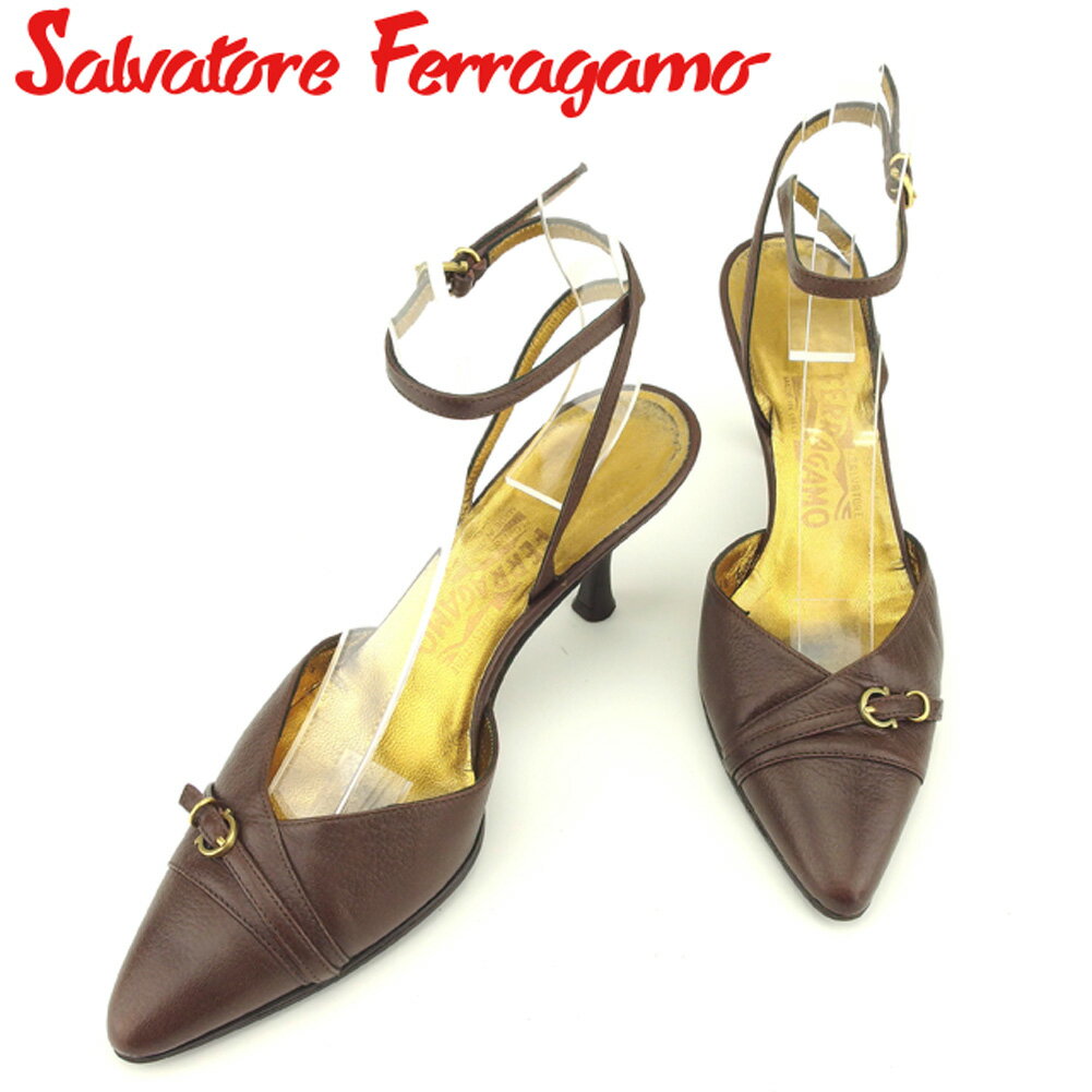 【スプリングセール30％OFF】サルヴァトーレ フェラガモ Salvatore Ferragamo パンプス シューズ 靴 レディース ♯5ハーフC ポインテッドトゥ ブラウン ゴールド レザー 【フェラガモ】 F1485 【中古】