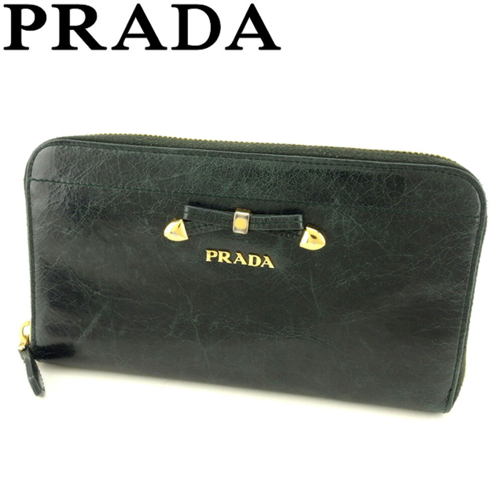 【スプリングセール30％OFF】プラダ 長財布 ラウンドファスナー 財布 リボンモチーフ グリーン ゴールド レザー PRADA 【プラダ】 t9147s 【中古】