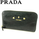 【春の大感謝祭 30％OFF】プラダ 長財布 ラウンドファスナー 財布 リボンモチーフ グリーン ゴールド レザー PRADA 長サイフ サイフ 収納ブランド財布 ユニセックス 小物 【プラダ】 T9147 【中古】