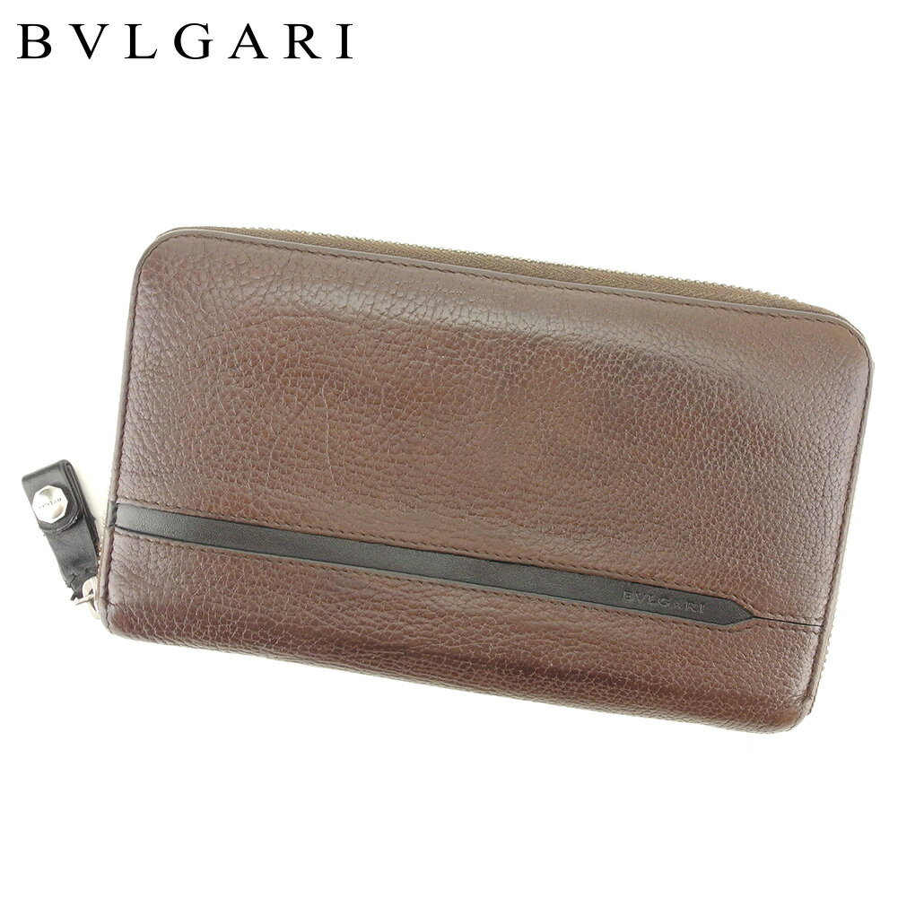 【スプリングセール】ブルガリ 長財布 ラウンドファスナー ブラウン レザー BVLGARI 【ブルガリ】 t9288s 【中古】