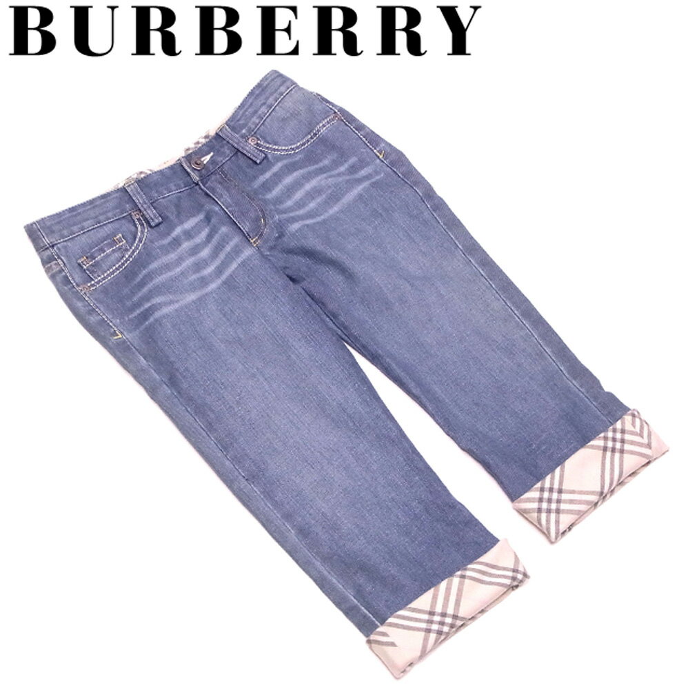 【スプリングセール30％OFF】バーバリー ブルーレーベル BURBERRY BLUE LABEL ジーンズ チェック柄ロールアップ パンツ レディース ♯24サイズ クロップド ブルー ベージュ系 綿 コットン ポリウレタン 【バーバリー ブルーレーベル】 A1780 【中古】